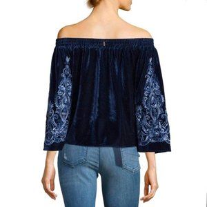 MISA Los Angeles Velvet blue off the shoulder top XS
